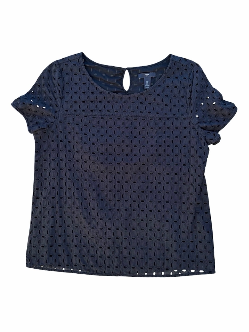 GAP Navy Blue Eyelet Short Sleeve Cotton Top ~ Womenโs Small